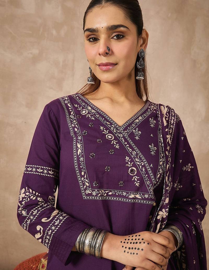 Women Ethnic Motifs Printed Regular Mirror Work Pure Cotton Kurta with Trousers & With Dupatta