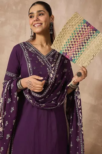 Women Ethnic Motifs Printed Regular Mirror Work Pure Cotton Kurta with Trousers & With Dupatta