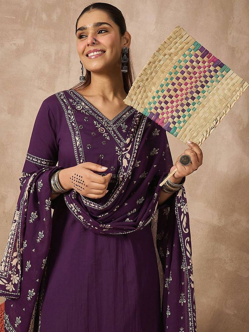 Women Ethnic Motifs Printed Regular Mirror Work Pure Cotton Kurta with Trousers & With Dupatta