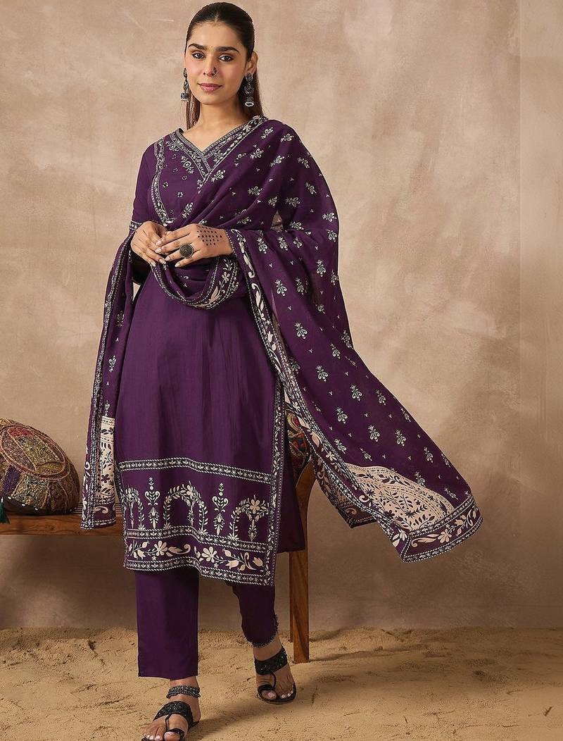 Women Ethnic Motifs Printed Regular Mirror Work Pure Cotton Kurta with Trousers & With Dupatta