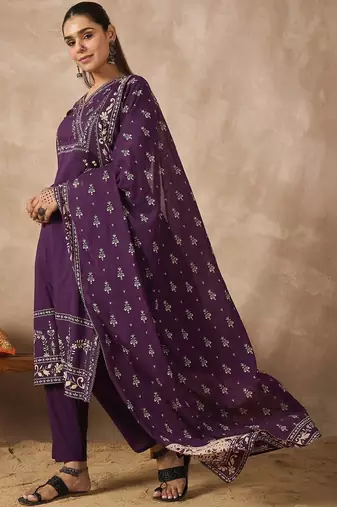Women Ethnic Motifs Printed Regular Mirror Work Pure Cotton Kurta with Trousers & With Dupatta