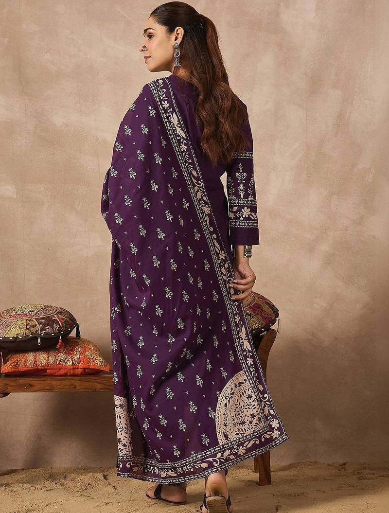 Women Ethnic Motifs Printed Regular Mirror Work Pure Cotton Kurta with Trousers & With Dupatta