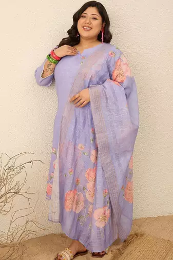 Plus Size Floral Printed Regular Kurta with Trousers & With Dupatta