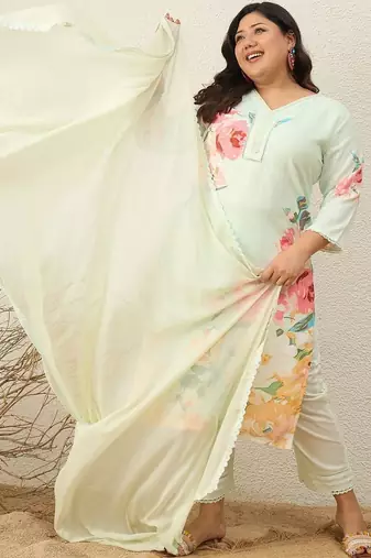 Plus Size Floral Printed Regular Kurta with Trousers & With Dupatta
