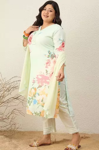 Plus Size Floral Printed Regular Kurta with Trousers & With Dupatta