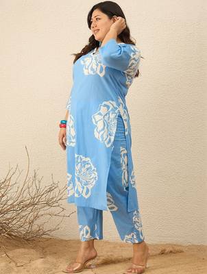 Plus Size Floral Printed Regular Pure Cotton Kurta with Trousers 3