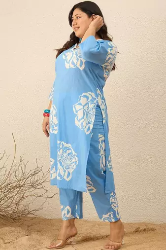 Plus Size Floral Printed Regular Pure Cotton Kurta with Trousers
