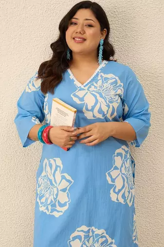Plus Size Floral Printed Regular Pure Cotton Kurta with Trousers