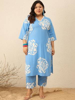 Plus Size Floral Printed Regular Pure Cotton Kurta with Trousers 6