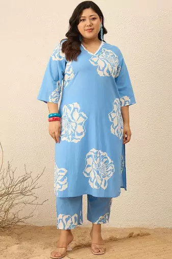 Plus Size Floral Printed Regular Pure Cotton Kurta with Trousers