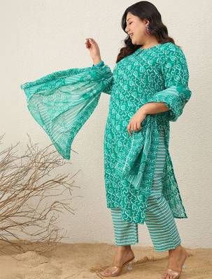 Plus Size Motifs Printed Regular Kurta with Trousers & With Dupatta 4