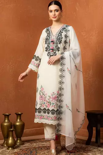 Women Floral Embroidered Regular Thread Work Pure Cotton Kurta Set