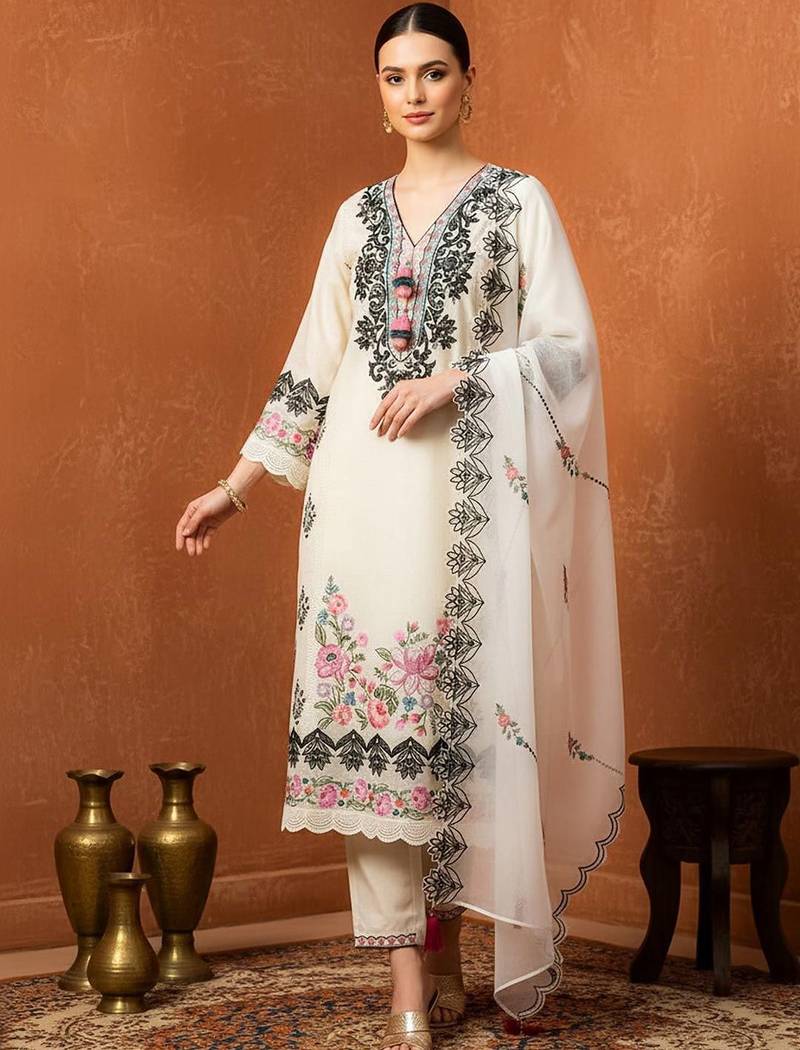 Women Floral Embroidered Regular Thread Work Pure Cotton Kurta Set