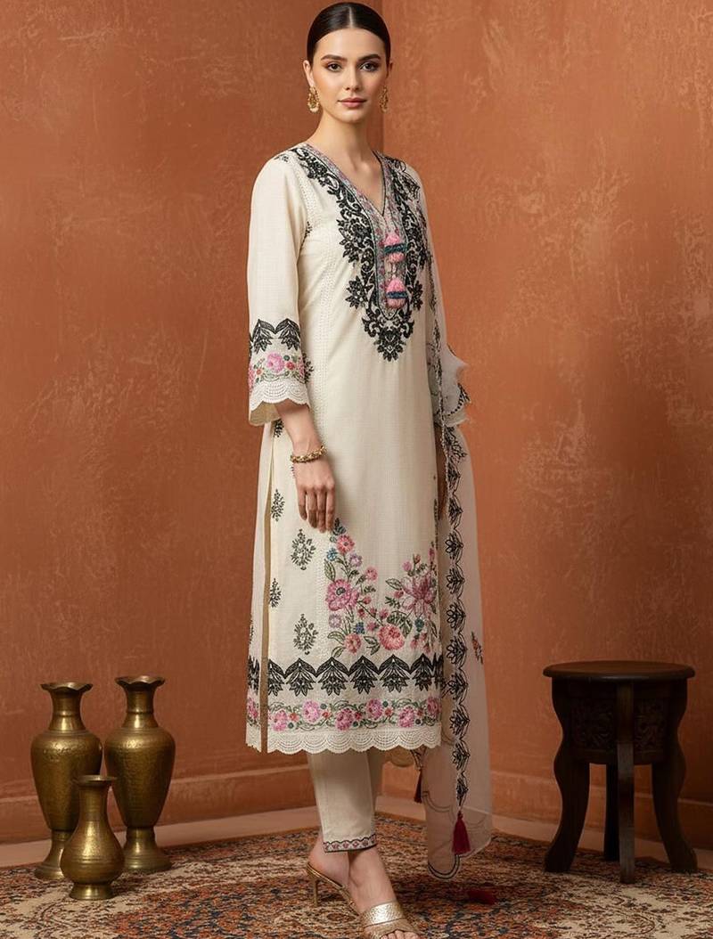 Women Floral Embroidered Regular Thread Work Pure Cotton Kurta Set