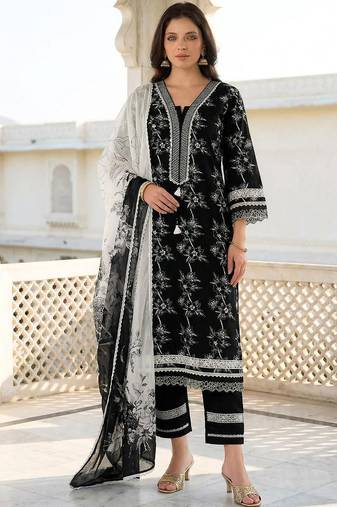 Women Floral Printed Regular Thread Work Pure Cotton Kurta with Trousers & With Dupatta