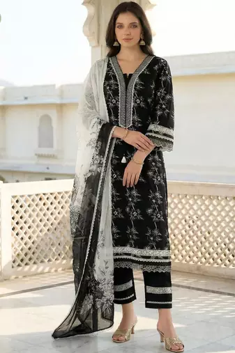 Women Floral Printed Regular Thread Work Pure Cotton Kurta with Trousers & With Dupatta