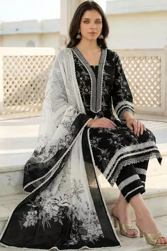 Women Floral Printed Regular Thread Work Pure Cotton Kurta with Trousers & With Dupatta