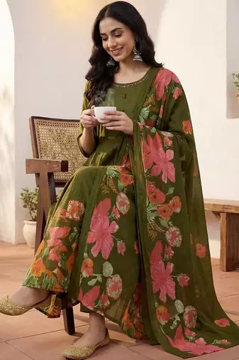Women Floral Empire Thread Work Pure Cotton Kurta with Palazzos & With Dupatta