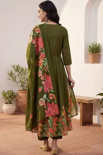 Women Floral Empire Thread Work Pure Cotton Kurta with Palazzos & With Dupatta