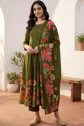 Women Floral Empire Thread Work Pure Cotton Kurta with Palazzos & With Dupatta