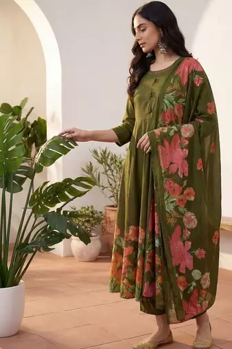 Women Floral Empire Thread Work Pure Cotton Kurta with Palazzos & With Dupatta