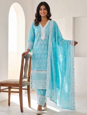 Women Ethnic Motifs Embroidered Regular Thread Work Pure Cotton Kurta with Trousers & With Dupatta 1