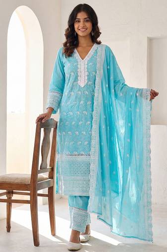 Women Ethnic Motifs Embroidered Regular Thread Work Pure Cotton Kurta with Trousers & With Dupatta
