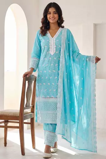 Women Ethnic Motifs Embroidered Regular Thread Work Pure Cotton Kurta with Trousers & With Dupatta
