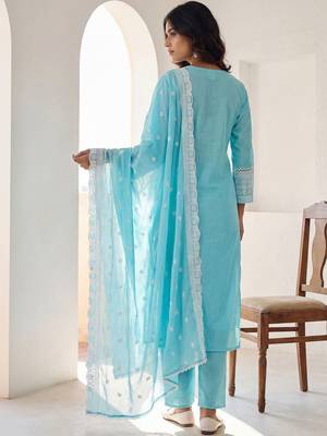 Women Ethnic Motifs Embroidered Regular Thread Work Pure Cotton Kurta with Trousers & With Dupatta 5