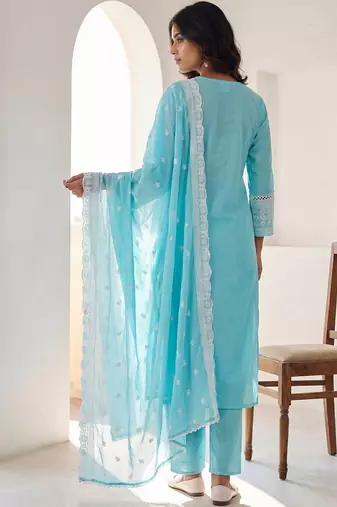 Women Ethnic Motifs Embroidered Regular Thread Work Pure Cotton Kurta with Trousers & With Dupatta