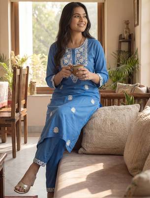 Women Ethnic Motifs Embroidered Regular Thread Work Kurta with Trousers 1