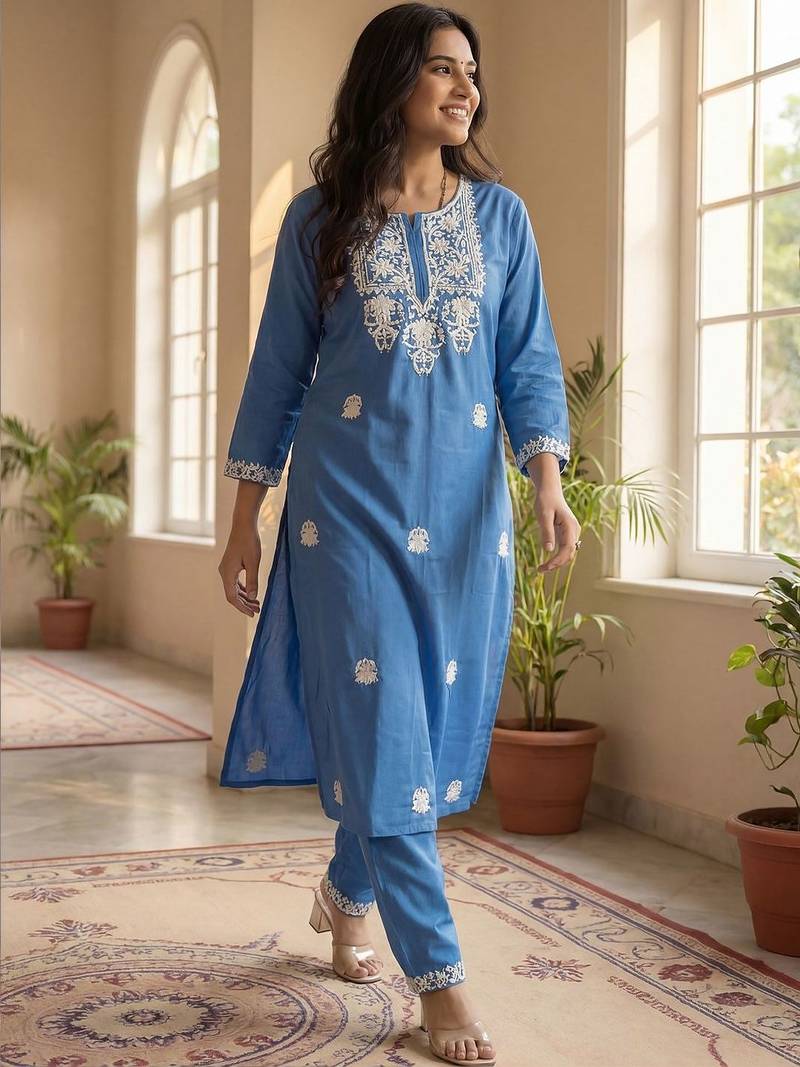 Women Ethnic Motifs Embroidered Regular Thread Work Kurta with Trousers