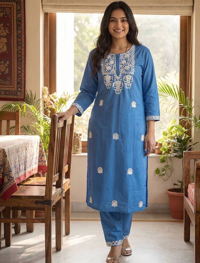 Women Ethnic Motifs Embroidered Regular Thread Work Kurta with Trousers