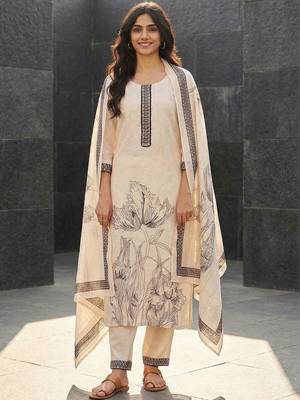 Women Floral Printed Regular Linen Kurta with Trousers & With Dupatta 1