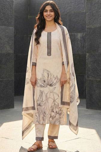 Women Floral Printed Regular Linen Kurta with Trousers & With Dupatta
