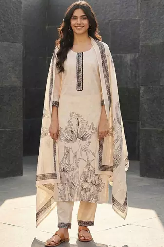 Women Floral Printed Regular Linen Kurta with Trousers & With Dupatta