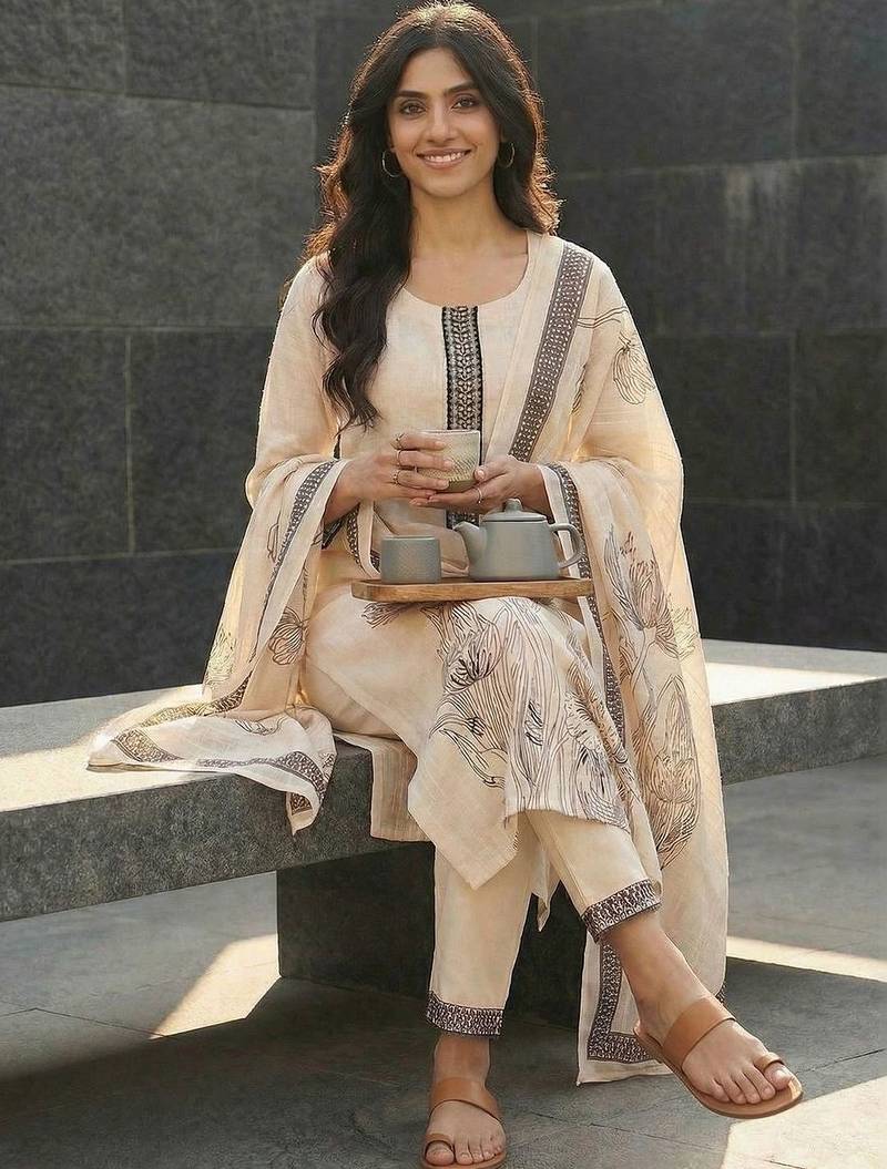 Women Floral Printed Regular Linen Kurta with Trousers & With Dupatta