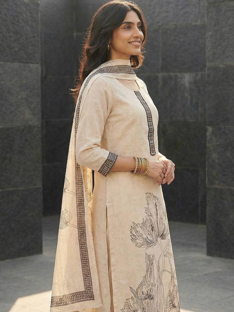 Women Floral Printed Regular Linen Kurta with Trousers & With Dupatta