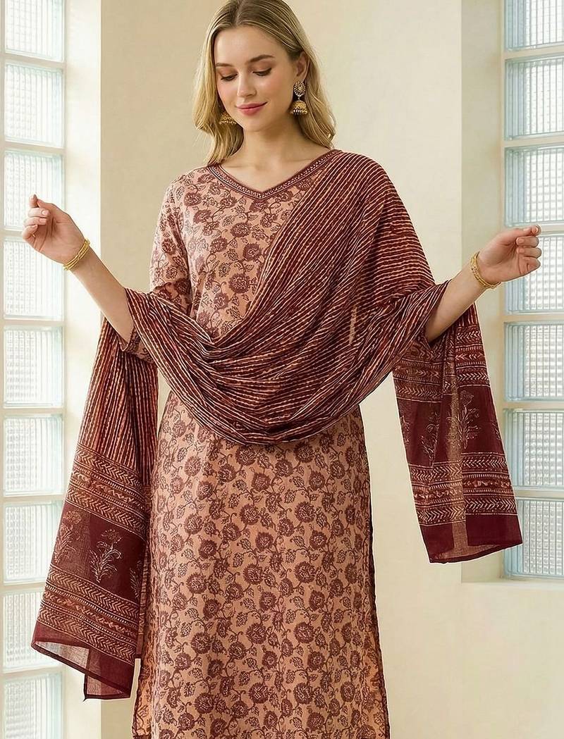 Women Floral Printed Regular Pure Cotton Kurta with Trousers & With Dupatta