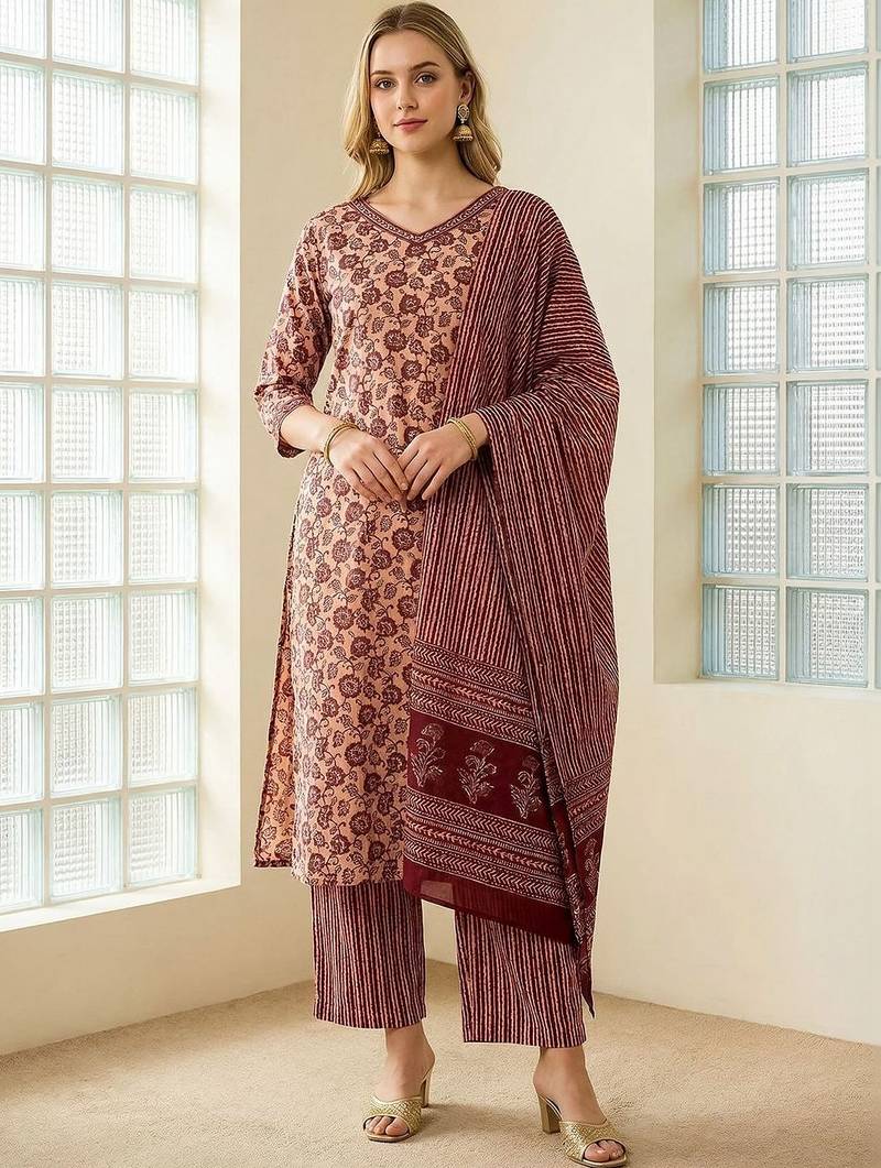 Women Floral Printed Regular Pure Cotton Kurta with Trousers & With Dupatta