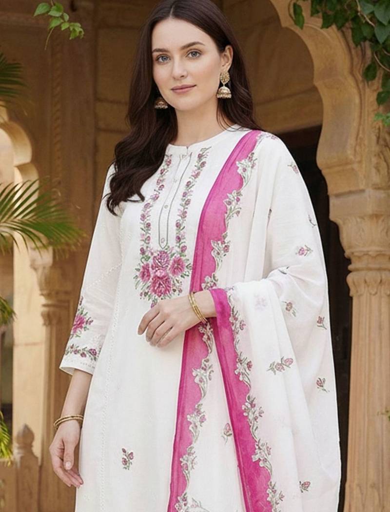 Women Floral Embroidered Regular Thread Work Pure Cotton Kurta with Trousers & With Dupatta