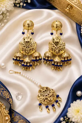 Blue Leaf work Earrings Tikka Set