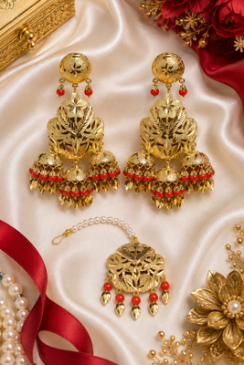 Red leaf work earrings tikka set 3