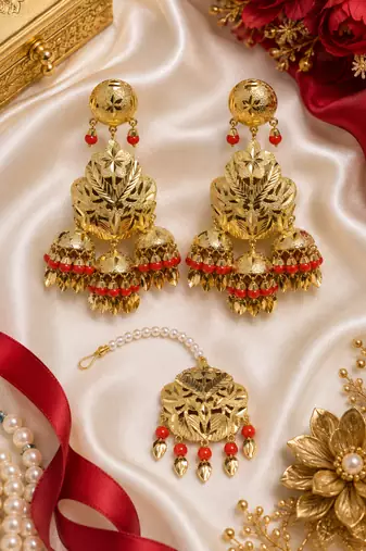Red leaf work earrings tikka set