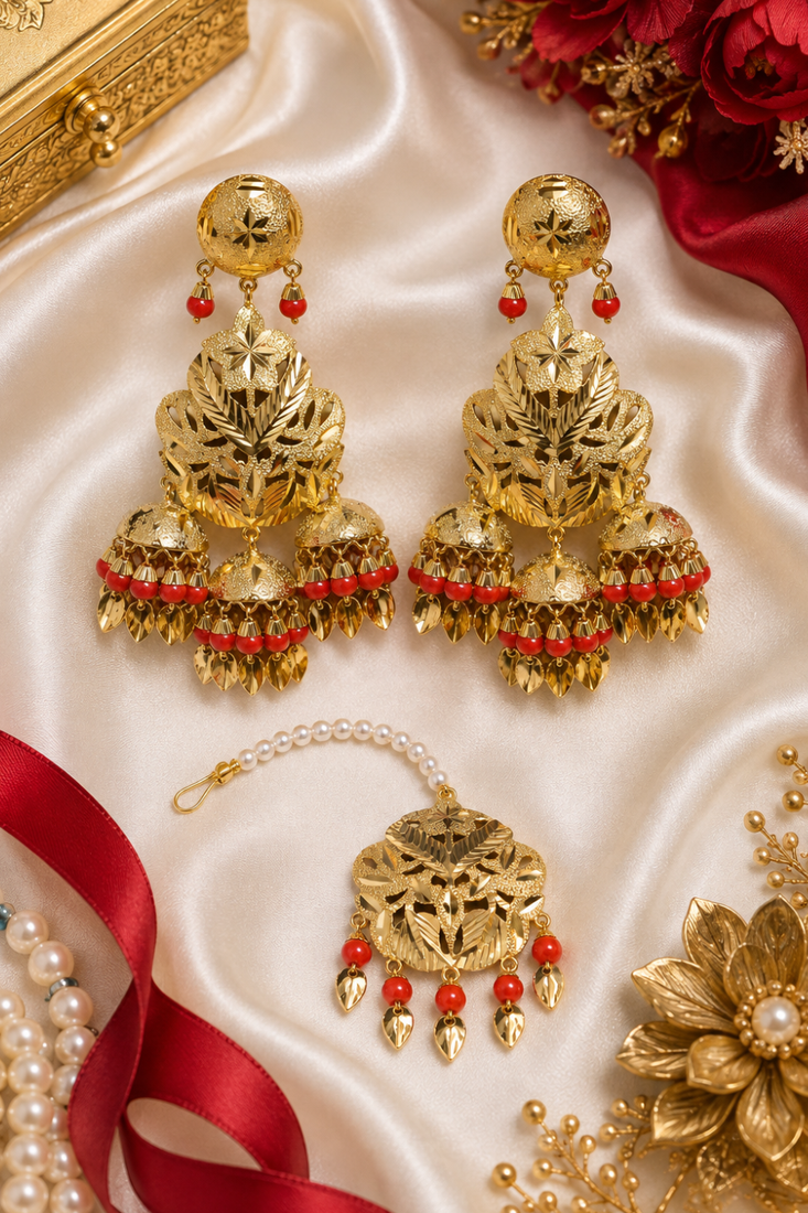 Red leaf work earrings tikka set