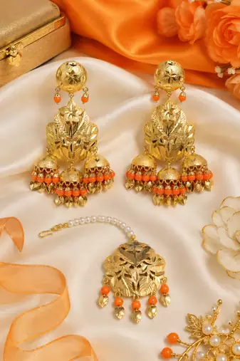 Orange leaf work earrings tikka set