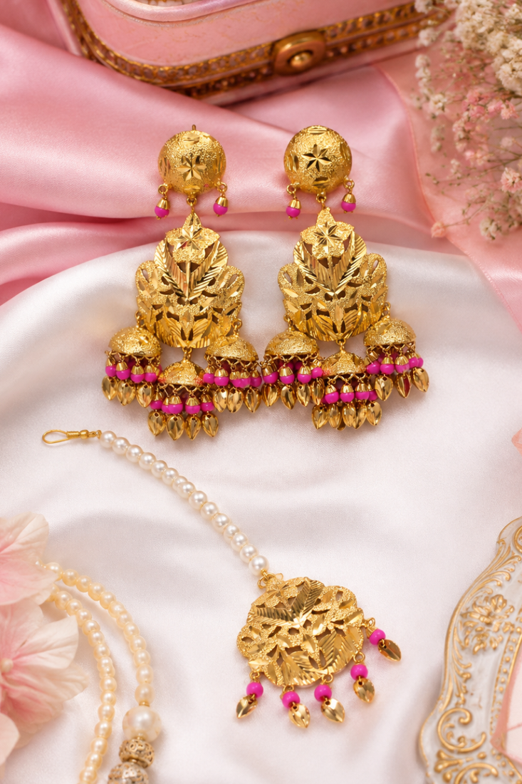 Pink leaf work earrings tikka set