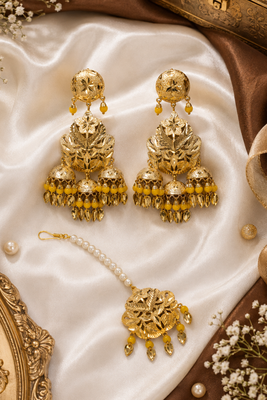 Yellow leaf work earrings tikka set 3
