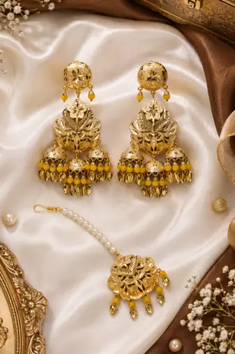 Yellow leaf work earrings tikka set