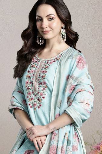 Women Floral Embroidered Regular Thread Work Linen Kurta with Trousers & With Dupatta
